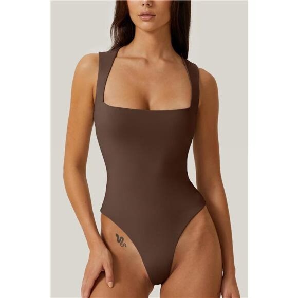 Womens Sexy Square Neck Bodysuit Coffee - Picture 1 of 5